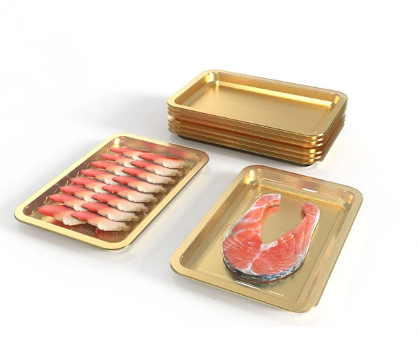 Lesui new golden plastic cover film tray for Premium Foods Beef and Shrimp Vacuum skin Packaging