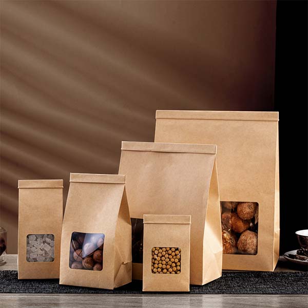 Reused Recyclable brown Bags Kraft Paper Bag Food with Square Bottom and Window