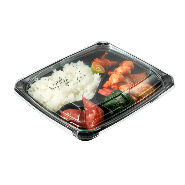 4 Compartment Stackable Plastic Microwave Black Base Lunch Food Container with Lid