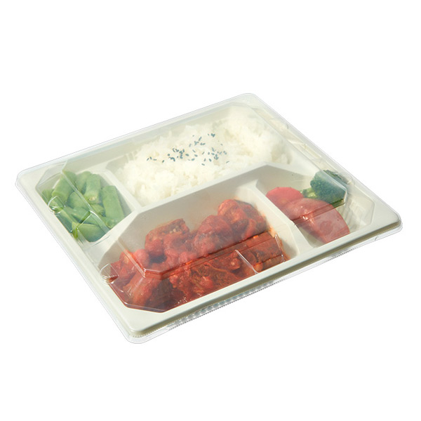 Eco-friendly 4 Compartment White Base Plastic Food Container with Lid