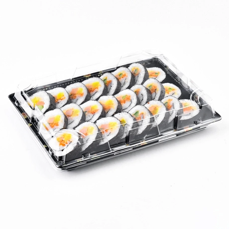 Disposal Take Out Plate 12 Inch Food Tray Disposable Large Black Color Round Container Plastic Sushi Box For Takeaway