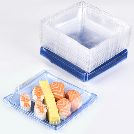 Square 7 inch disposable plastic sushi to go container with clear lid