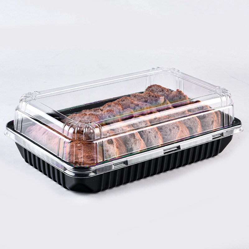 Eco Friendly Materials Black Base Snack Bread Pastry Packaging Trays with Clear Lid