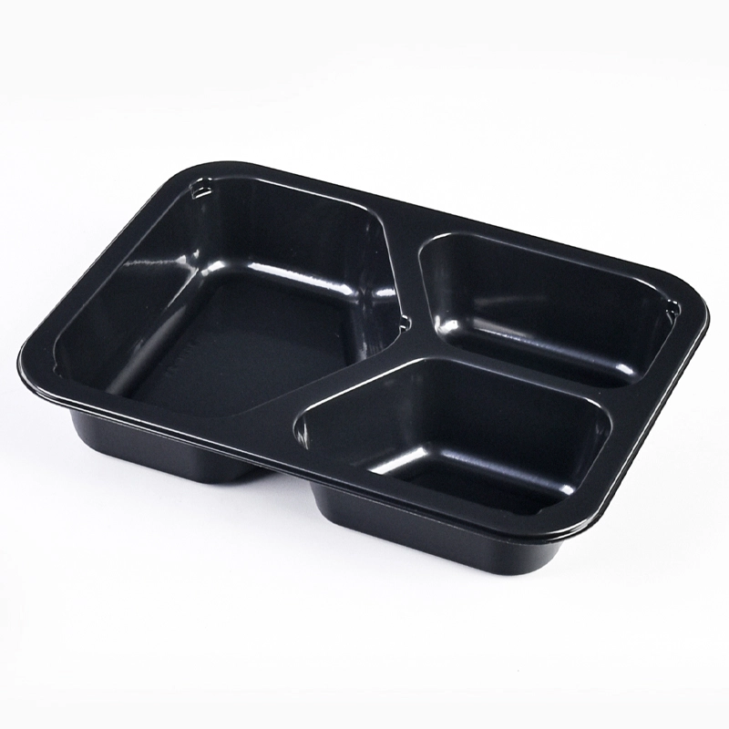 22oz 3-compartment 8.5 Inch Ovenable Food Containers Black Plastic CPET Packaging Tray