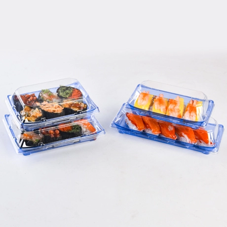 Rectangle Disposable Blue Take Out Sushi Container Plastic PET Sushi Trays with Lids